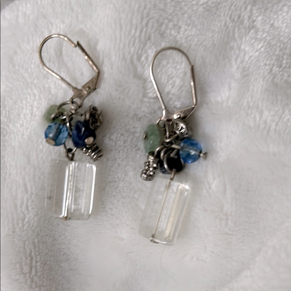 Playful Beaded Bauble Earrings Silver Blue Green Clear Handmade Jewelry Beach